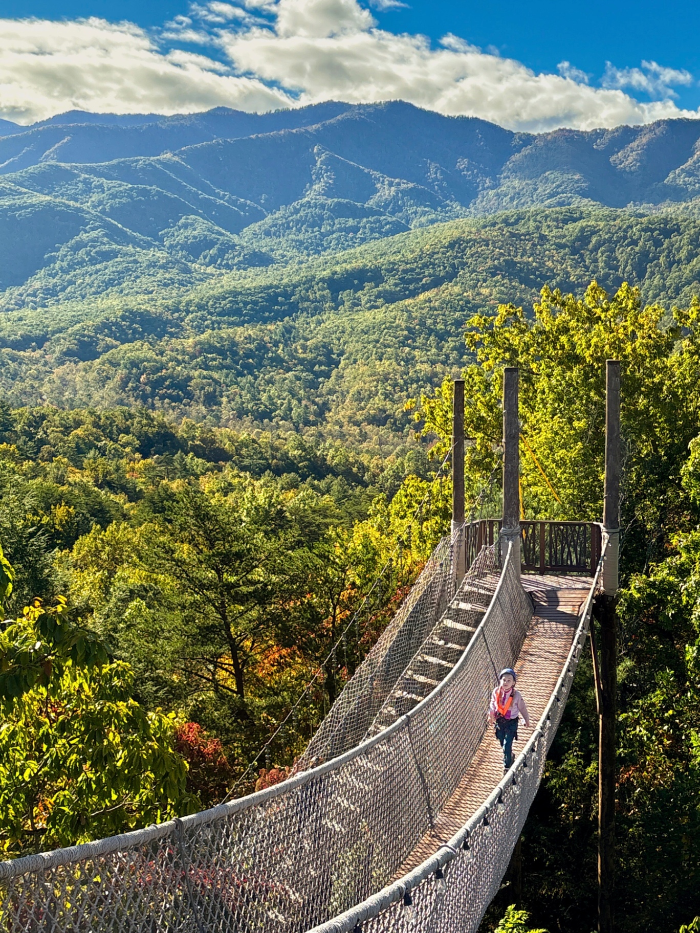 Aniston walking solo across a long skybridge above the Smoky Mountains forest canopy