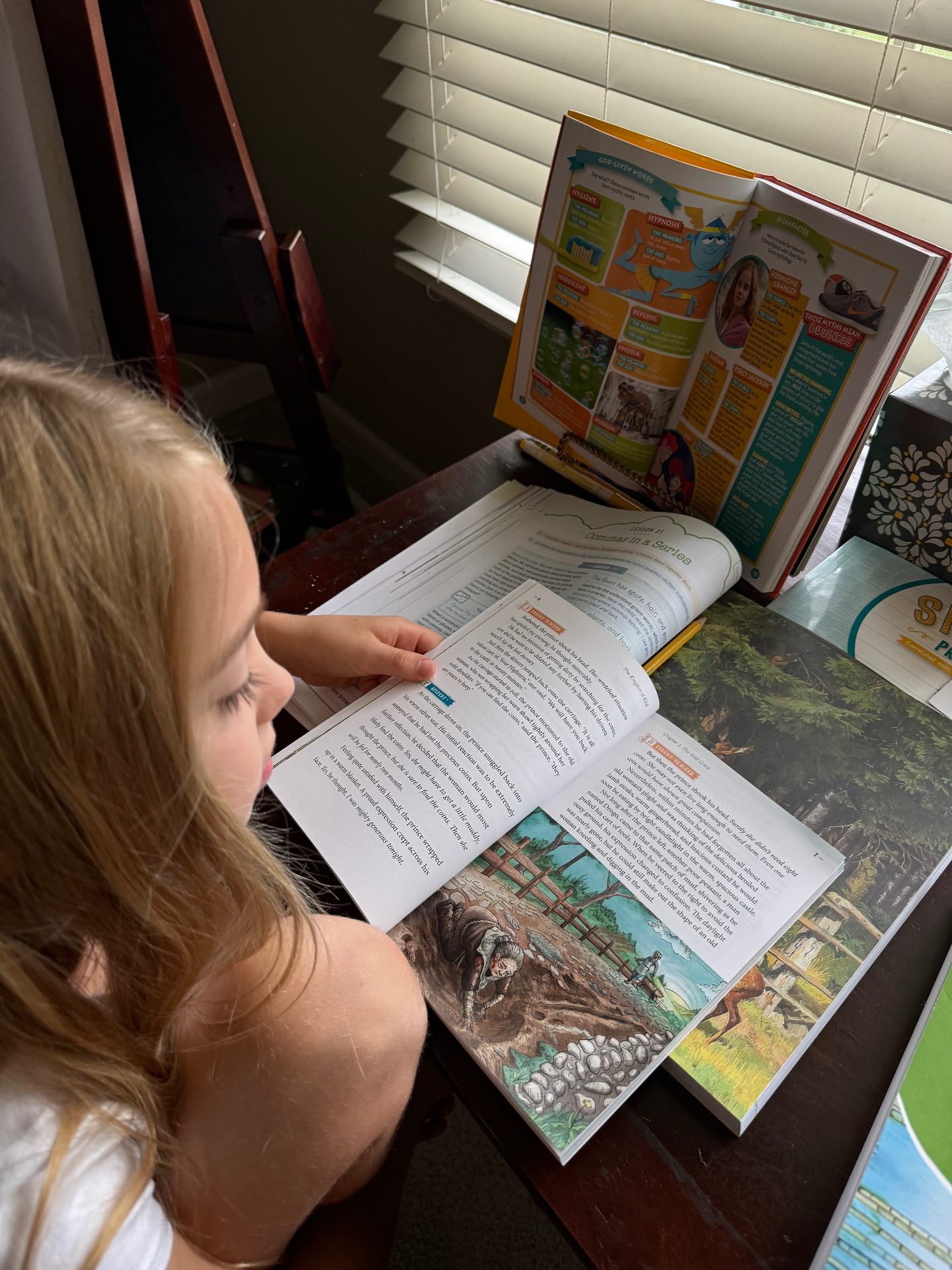 Aniston reading a chapter book at her desk during a quiet morning of homeschool