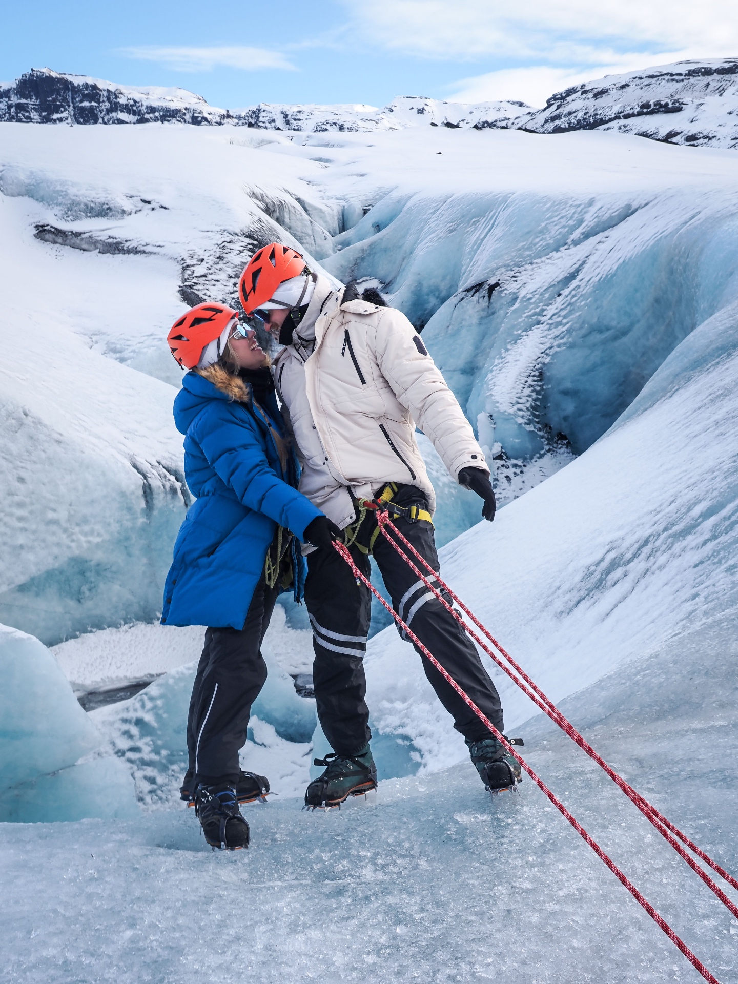 Brittany and Jake roped up on a glacier in Iceland