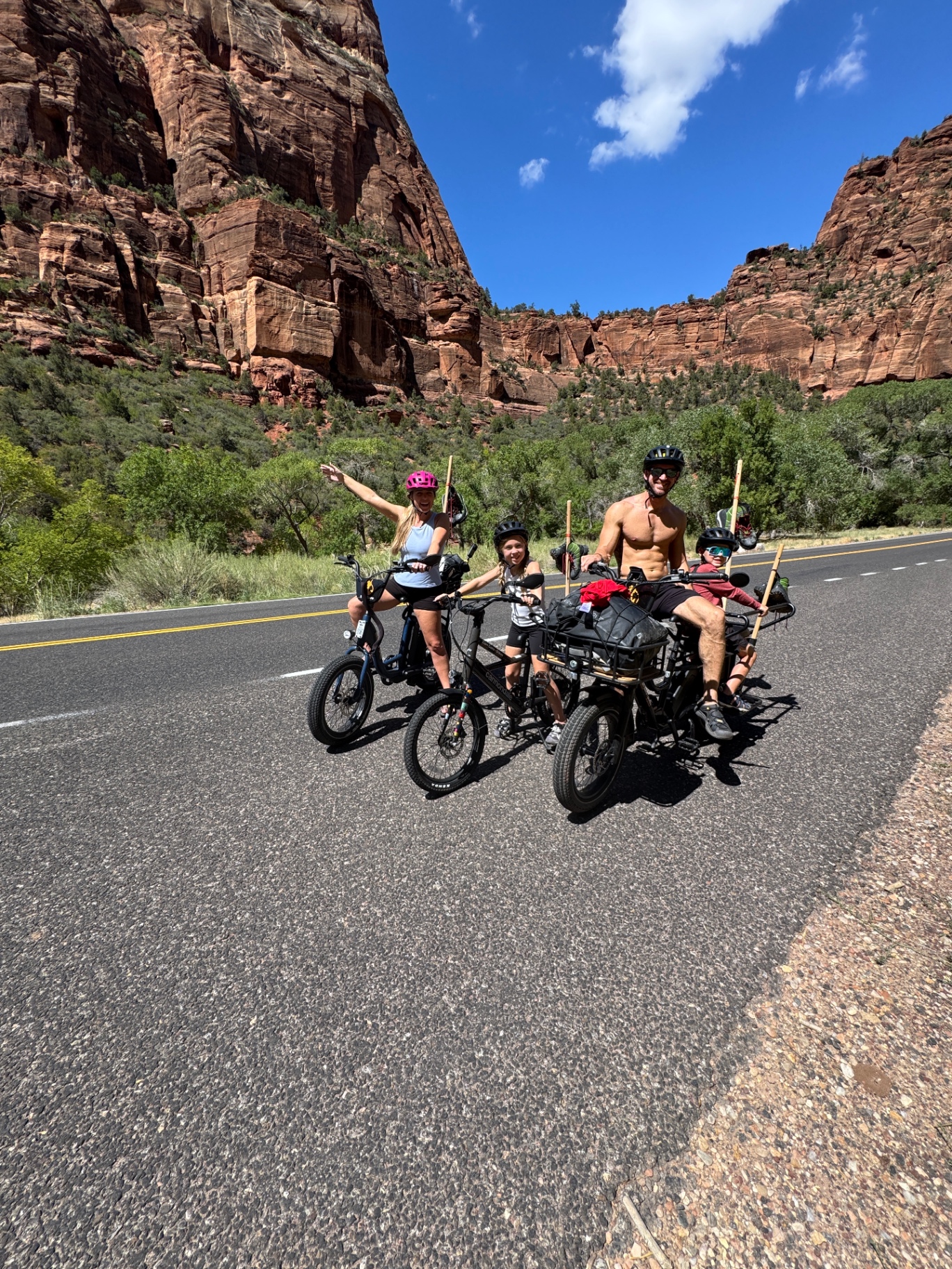 The whole Venture Seekers family on their e-bikes posed together on the Zion scenic drive with towering red rock walls behind them
