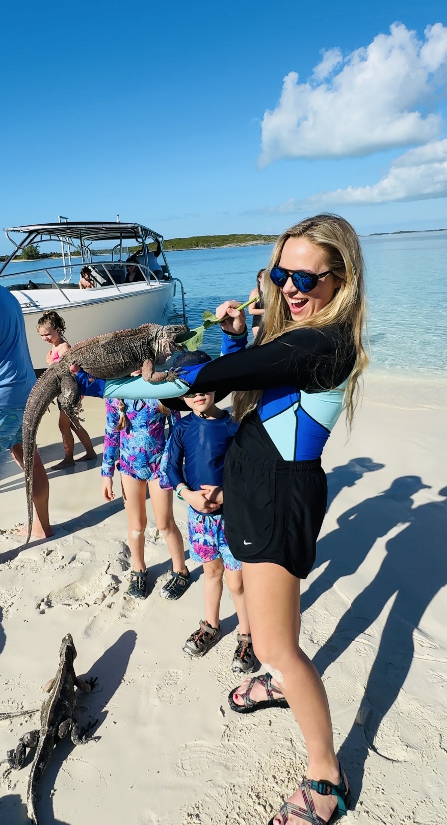 Brittany laughing as she hand-feeds a large wild rock iguana a leaf on the beach in Exuma